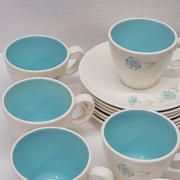16pc Taylor Smith Taylor Boutonniere Ever Yours Teacups Saucers MMC Blue Flowers - Picture 2 of 5